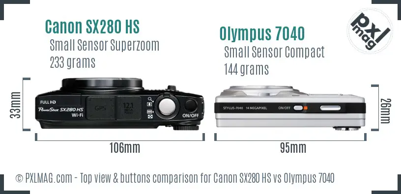 Canon SX280 HS vs Olympus 7040 top view buttons comparison Canon SX280 HS vs Olympus 7040 top view buttons comparison