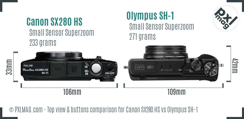 Canon SX280 HS vs Olympus SH-1 top view buttons comparison