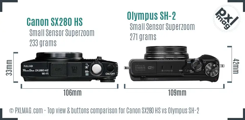 Canon SX280 HS vs Olympus SH-2 top view buttons comparison