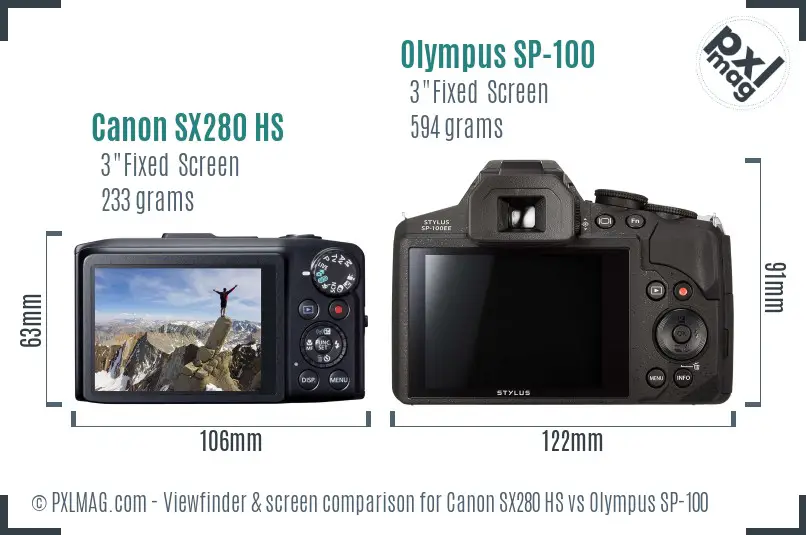Canon SX280 HS vs Olympus SP-100 Screen and Viewfinder comparison
