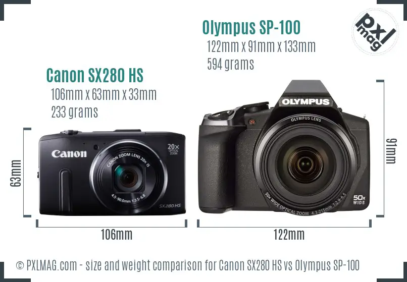 Canon SX280 HS vs Olympus SP-100 size comparison
