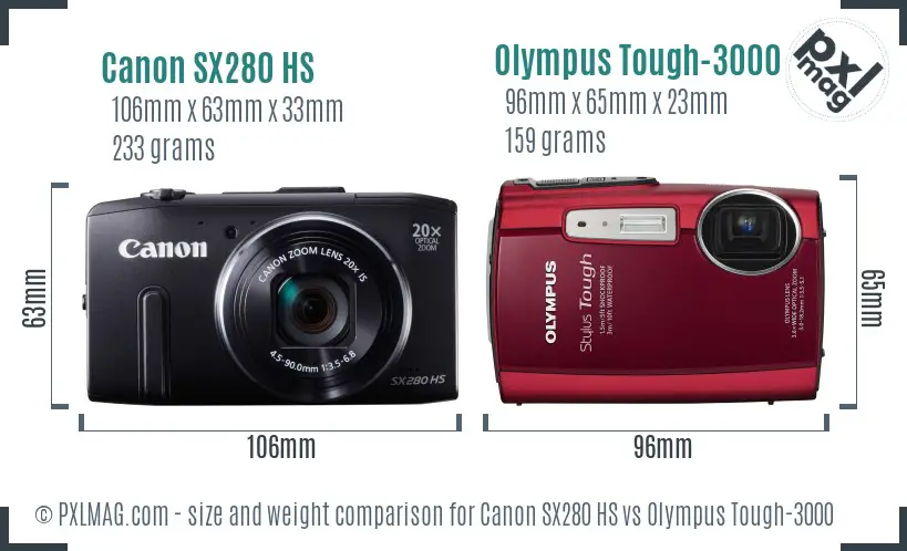 Canon SX280 HS vs Olympus Tough-3000 size comparison Canon SX280 HS vs Olympus Tough-3000 size comparison