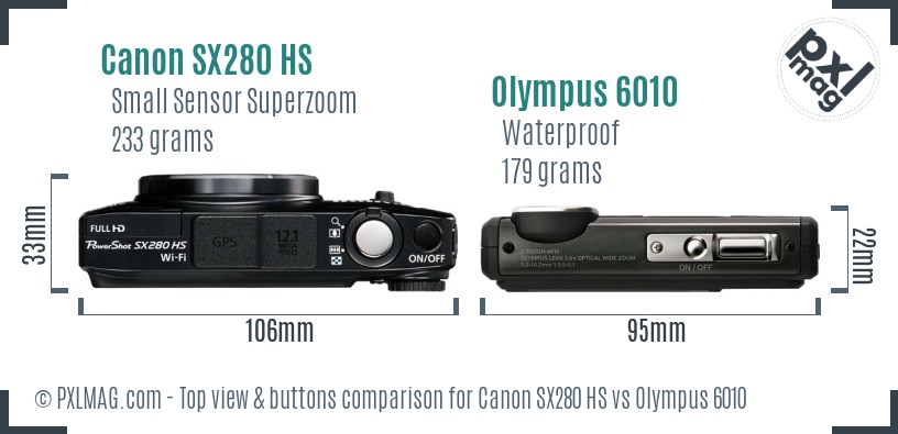 Canon SX280 HS vs Olympus 6010 top view buttons comparison