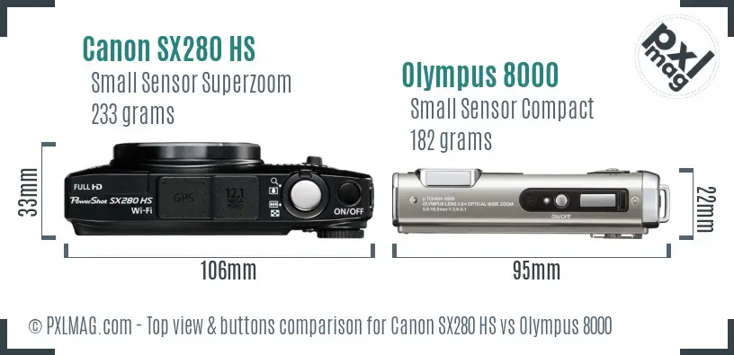 Canon SX280 HS vs Olympus 8000 top view buttons comparison Canon SX280 HS vs Olympus 8000 top view buttons comparison