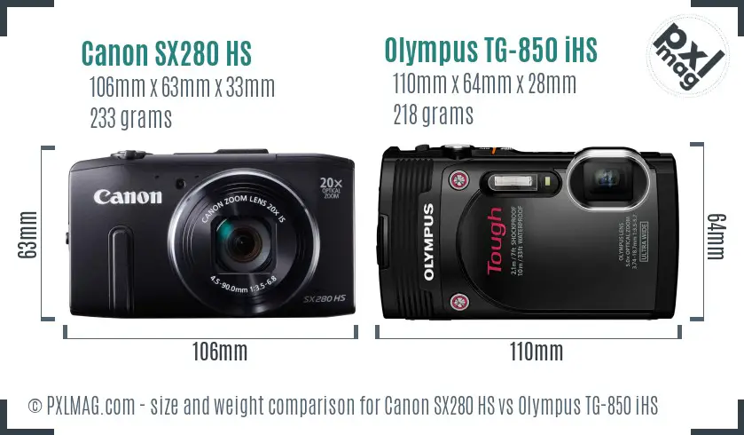 Canon SX280 HS vs Olympus TG-850 iHS size comparison