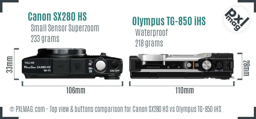 Canon SX280 HS vs Olympus TG-850 iHS top view buttons comparison