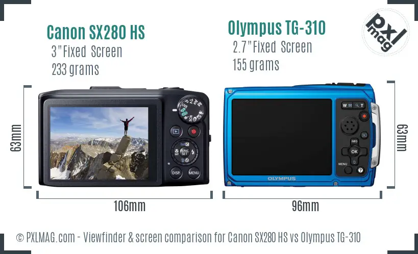Canon SX280 HS vs Olympus TG-310 Screen and Viewfinder comparison