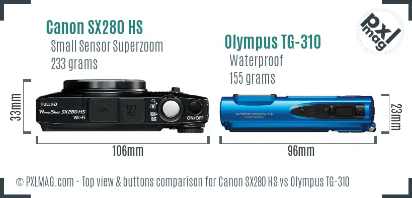 Canon SX280 HS vs Olympus TG-310 top view buttons comparison