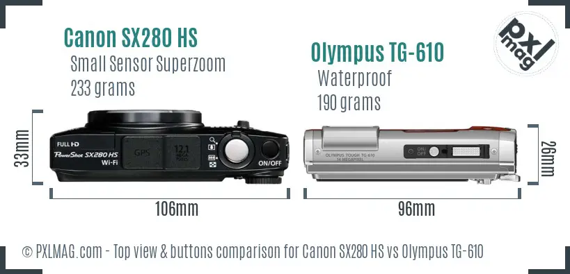 Canon SX280 HS vs Olympus TG-610 top view buttons comparison
