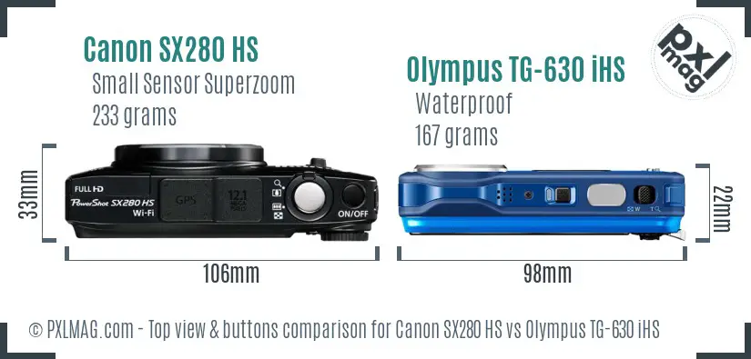 Canon SX280 HS vs Olympus TG-630 iHS top view buttons comparison Canon SX280 HS vs Olympus TG-630 iHS top view buttons comparison