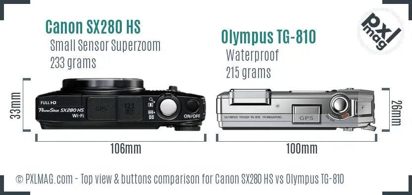 Canon SX280 HS vs Olympus TG-810 top view buttons comparison Canon SX280 HS vs Olympus TG-810 top view buttons comparison