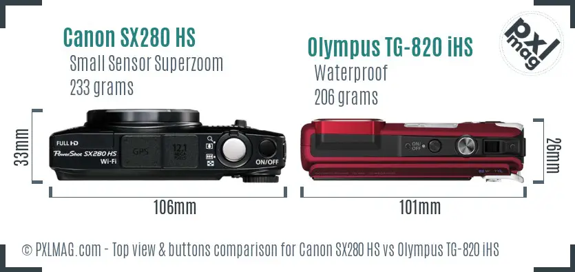 Canon SX280 HS vs Olympus TG-820 iHS top view buttons comparison