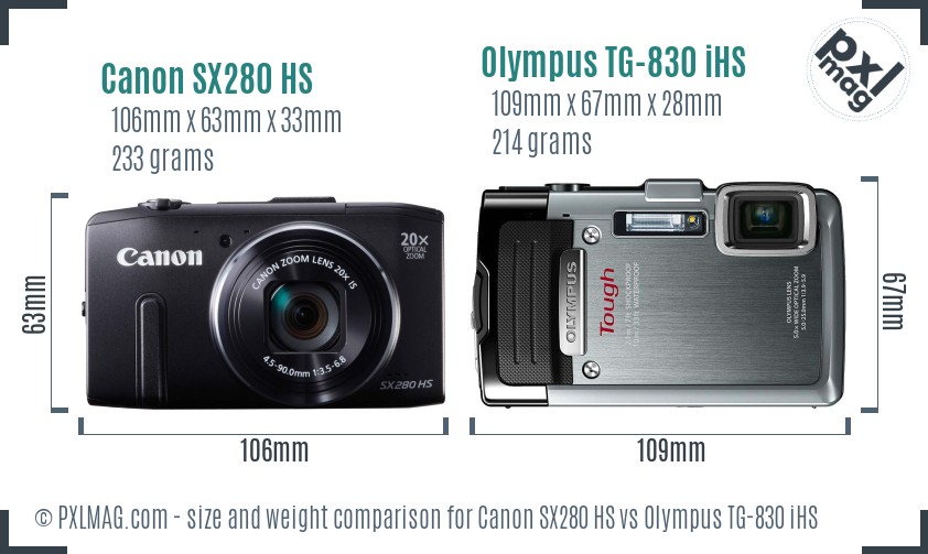 Canon SX280 HS vs Olympus TG-830 iHS size comparison