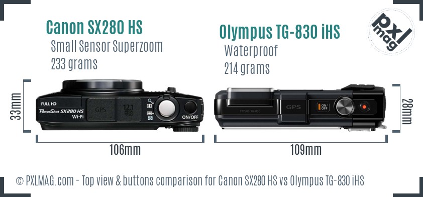 Canon SX280 HS vs Olympus TG-830 iHS top view buttons comparison