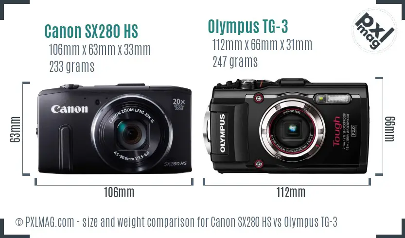 Canon SX280 HS vs Olympus TG-3 size comparison