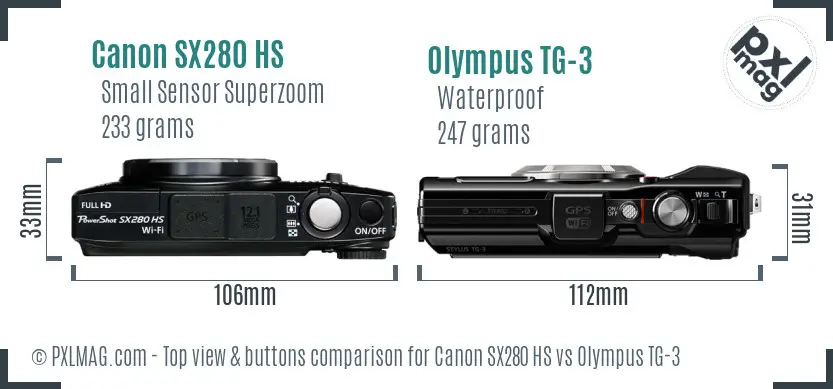 Canon SX280 HS vs Olympus TG-3 top view buttons comparison