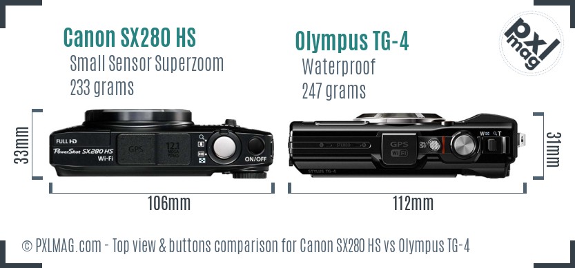 Canon SX280 HS vs Olympus TG-4 top view buttons comparison