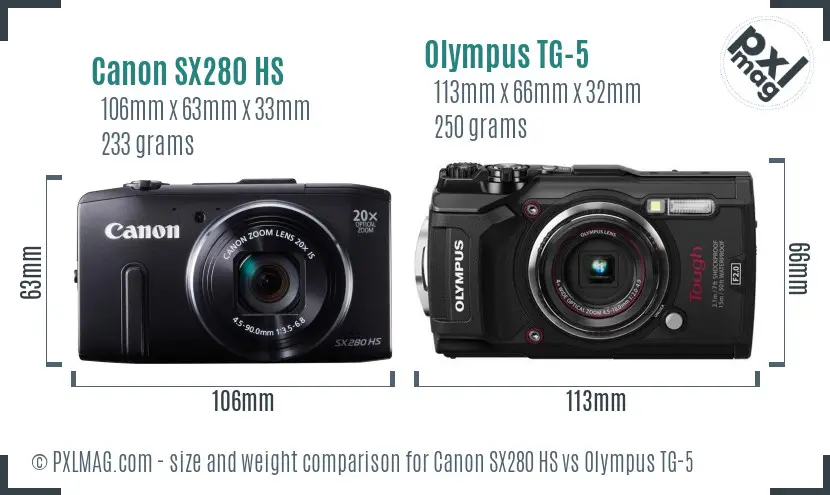 Canon SX280 HS vs Olympus TG-5 size comparison