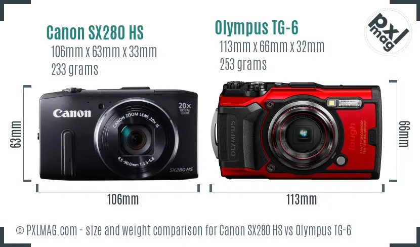 Canon SX280 HS vs Olympus TG-6 size comparison