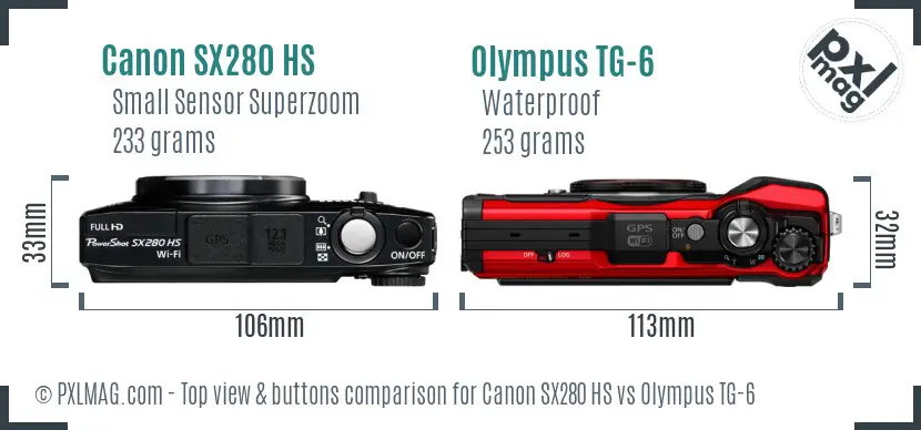 Canon SX280 HS vs Olympus TG-6 top view buttons comparison