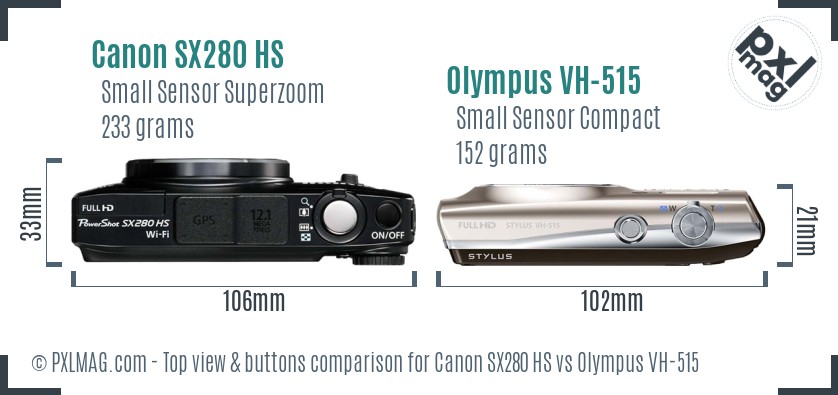 Canon SX280 HS vs Olympus VH-515 top view buttons comparison