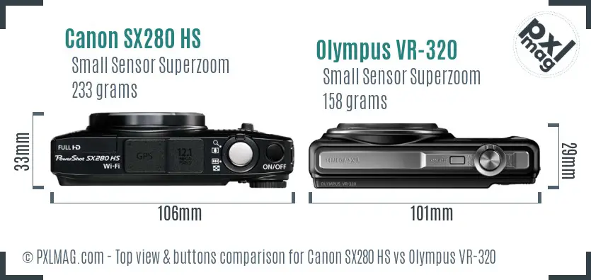 Canon SX280 HS vs Olympus VR-320 top view buttons comparison