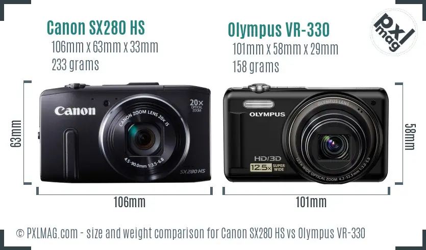 Canon SX280 HS vs Olympus VR-330 size comparison