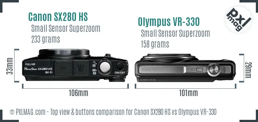 Canon SX280 HS vs Olympus VR-330 top view buttons comparison