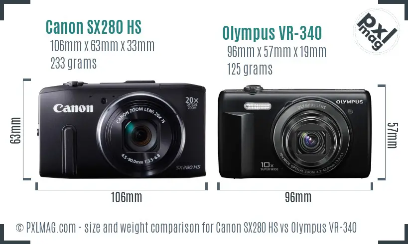 Canon SX280 HS vs Olympus VR-340 size comparison