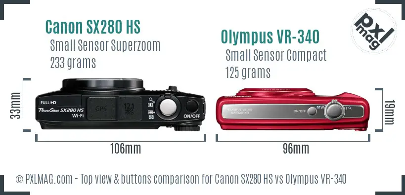 Canon SX280 HS vs Olympus VR-340 top view buttons comparison