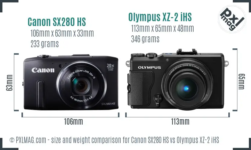 Canon SX280 HS vs Olympus XZ-2 iHS size comparison