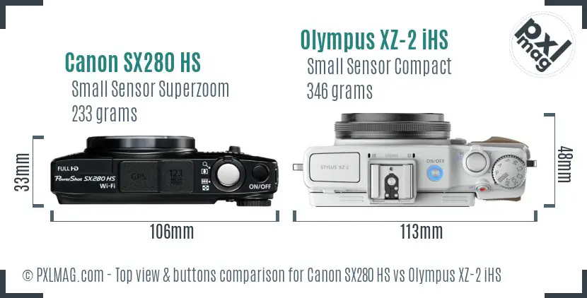 Canon SX280 HS vs Olympus XZ-2 iHS top view buttons comparison
