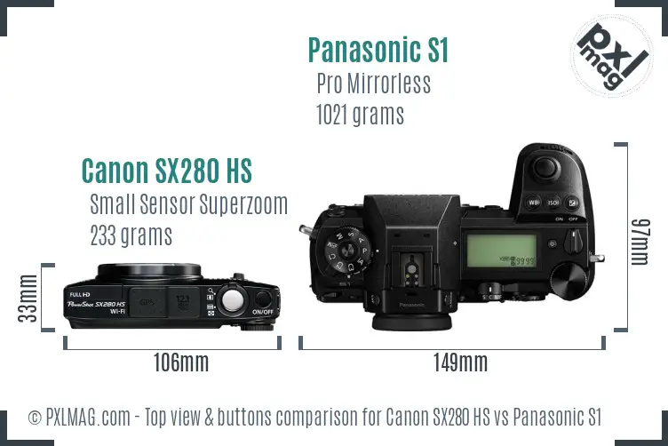 Canon SX280 HS vs Panasonic S1 top view buttons comparison