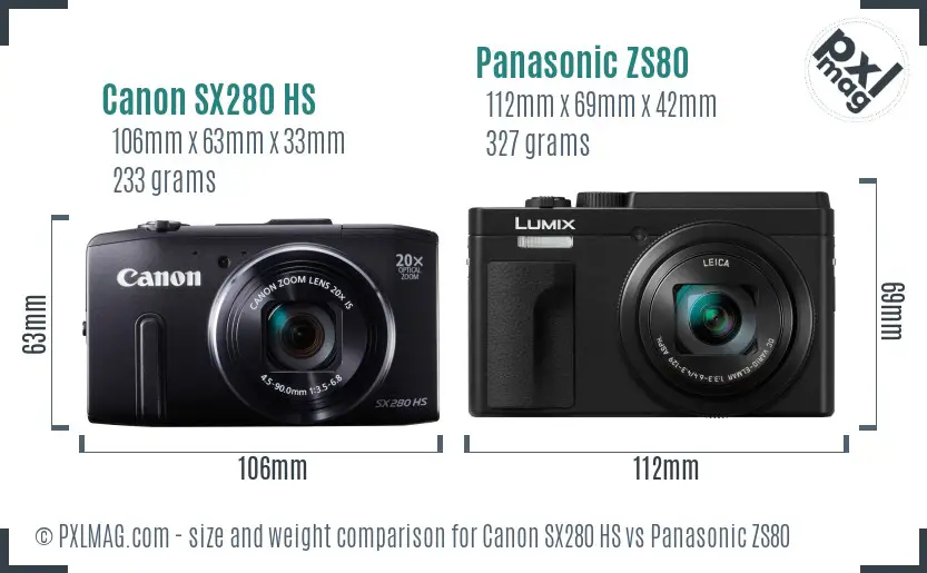 Canon SX280 HS vs Panasonic ZS80 size comparison