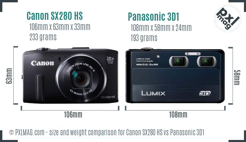 Canon SX280 HS vs Panasonic 3D1 size comparison