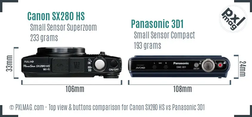 Canon SX280 HS vs Panasonic 3D1 top view buttons comparison