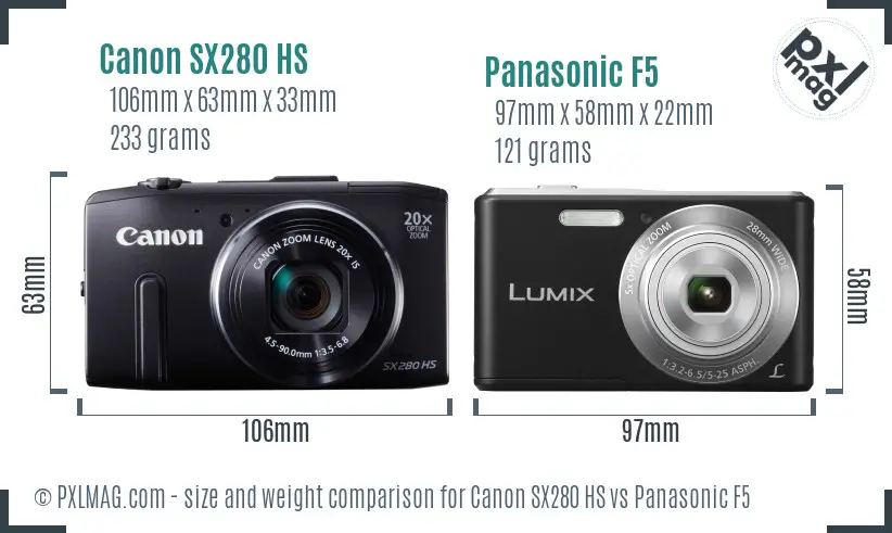 Canon SX280 HS vs Panasonic F5 size comparison