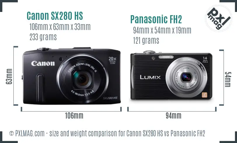 Canon SX280 HS vs Panasonic FH2 size comparison