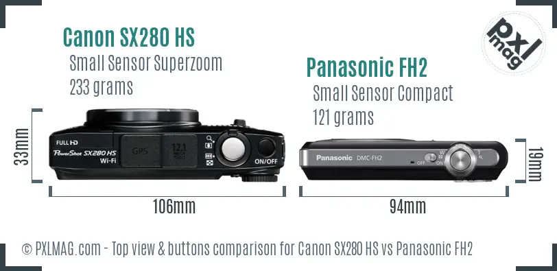Canon SX280 HS vs Panasonic FH2 top view buttons comparison