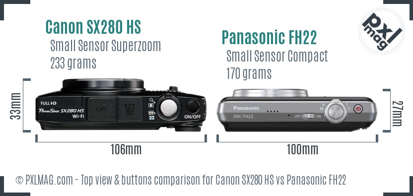 Canon SX280 HS vs Panasonic FH22 top view buttons comparison