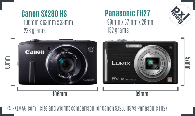 Canon SX280 HS vs Panasonic FH27 size comparison