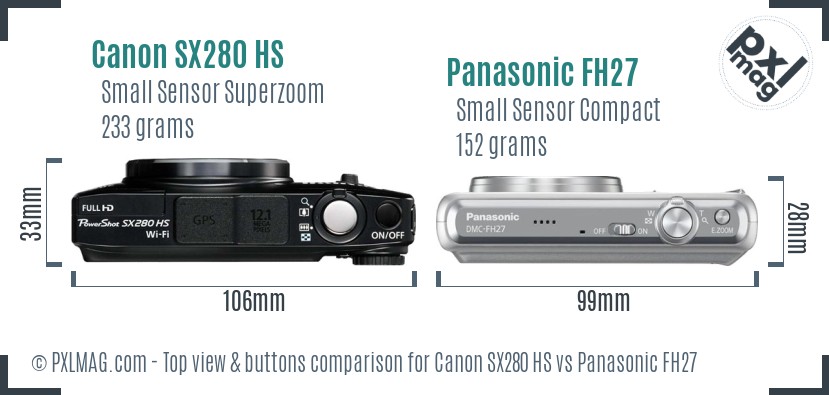 Canon SX280 HS vs Panasonic FH27 top view buttons comparison