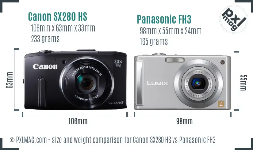 Canon SX280 HS vs Panasonic FH3 size comparison