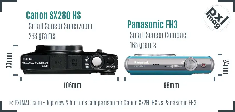 Canon SX280 HS vs Panasonic FH3 top view buttons comparison