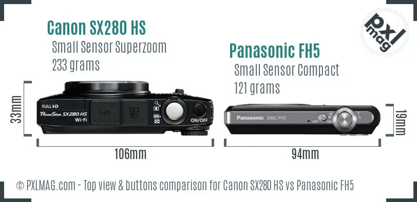 Canon SX280 HS vs Panasonic FH5 top view buttons comparison Canon SX280 HS vs Panasonic FH5 top view buttons comparison