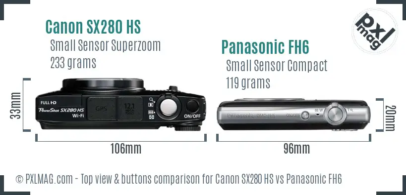 Canon SX280 HS vs Panasonic FH6 top view buttons comparison Canon SX280 HS vs Panasonic FH6 top view buttons comparison