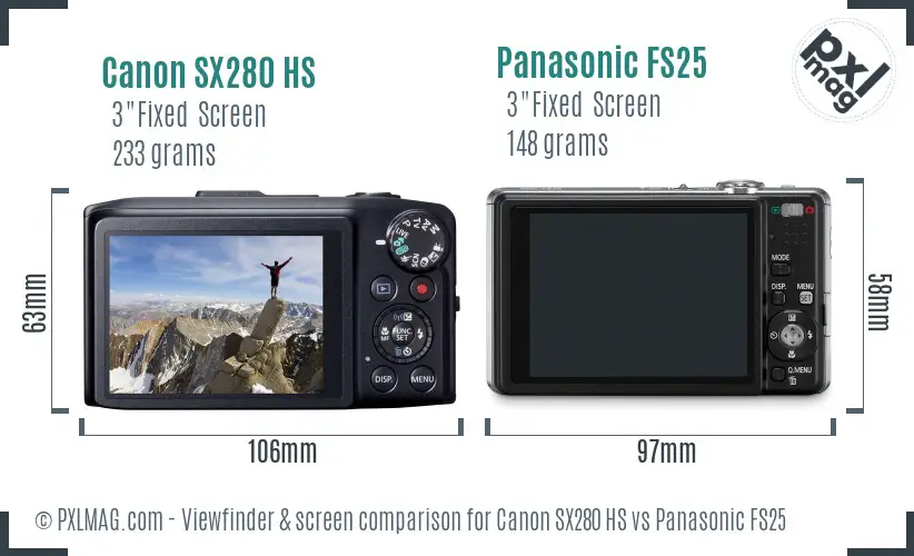 Canon SX280 HS vs Panasonic FS25 Screen and Viewfinder comparison