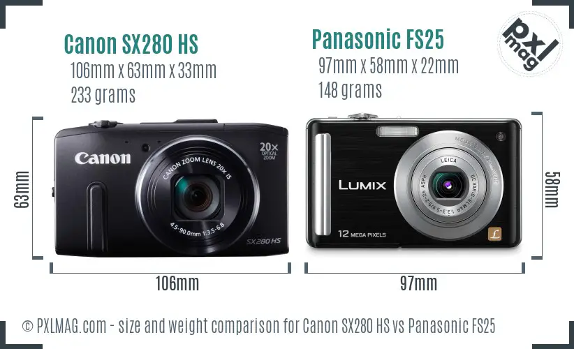 Canon SX280 HS vs Panasonic FS25 size comparison