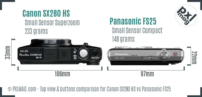 Canon SX280 HS vs Panasonic FS25 top view buttons comparison