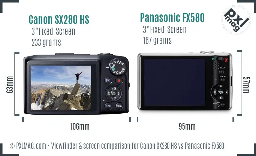 Canon SX280 HS vs Panasonic FX580 Screen and Viewfinder comparison